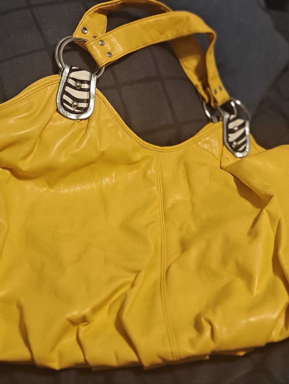 Yellow Faux Leather Studded Ring Handle Tote